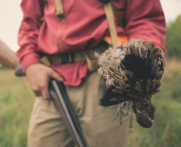 Michigan bird hunter holding a ruffed grouse