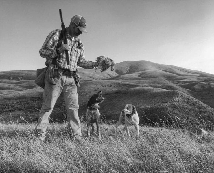 Ryan Busse his bird dogs and a sharp-tailed grouse