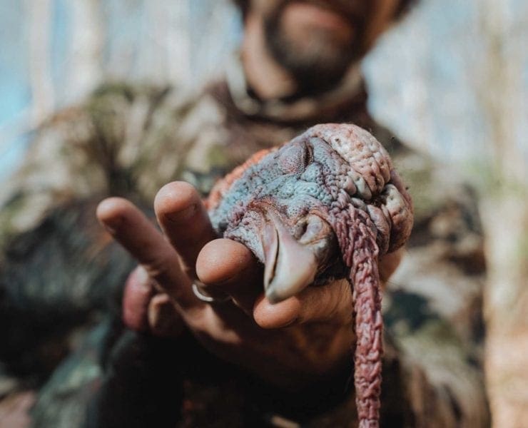 A turkey hunter shows a bird he shot.