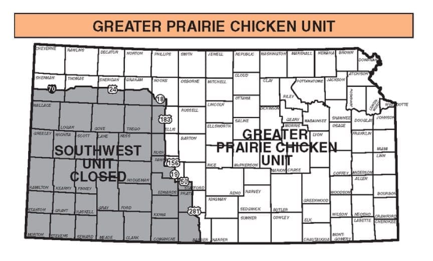 A map showing areas in Kansas open to prairie chicken hunting.