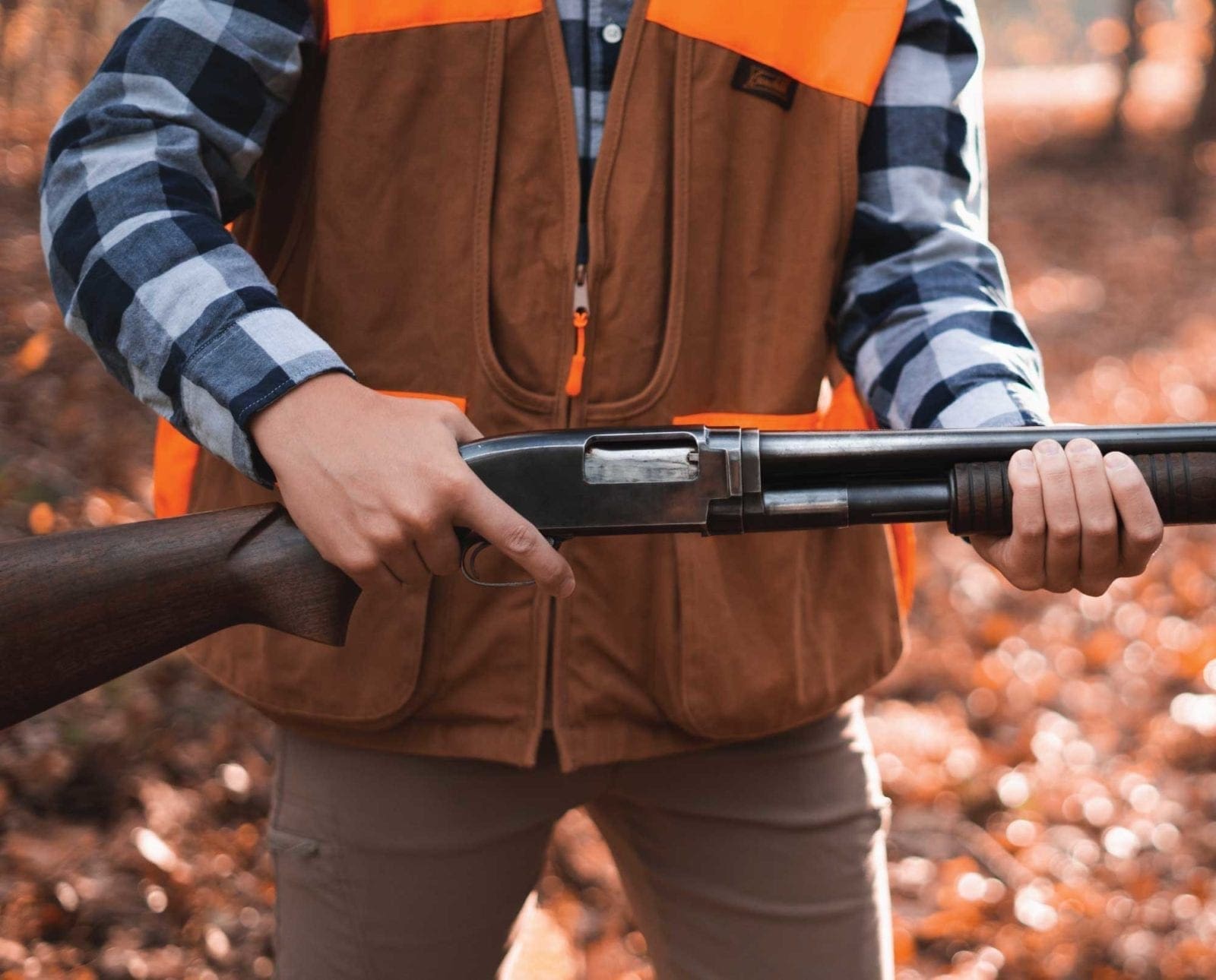 A bird hunter holds a classic merican pump shotgun while hunting.