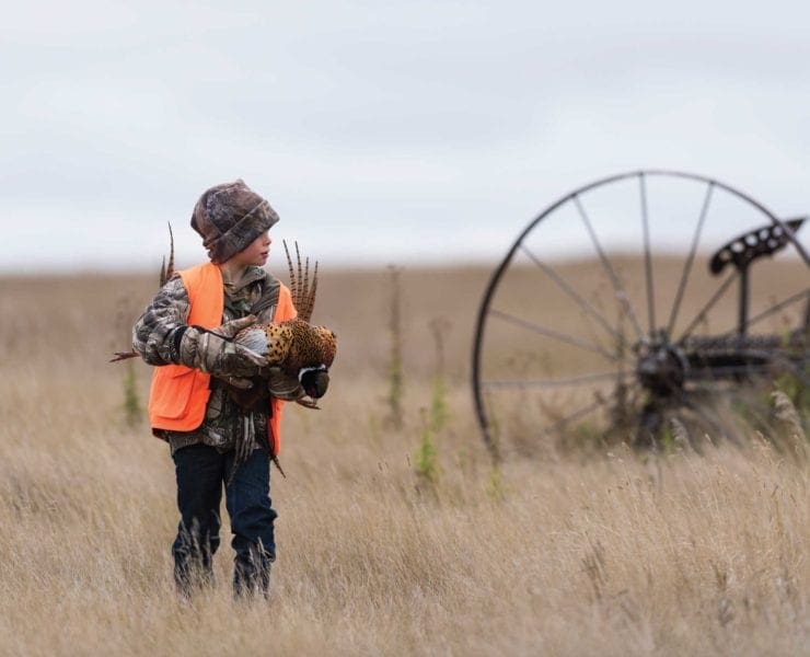A child carries pheasant on a bird hunting trip.