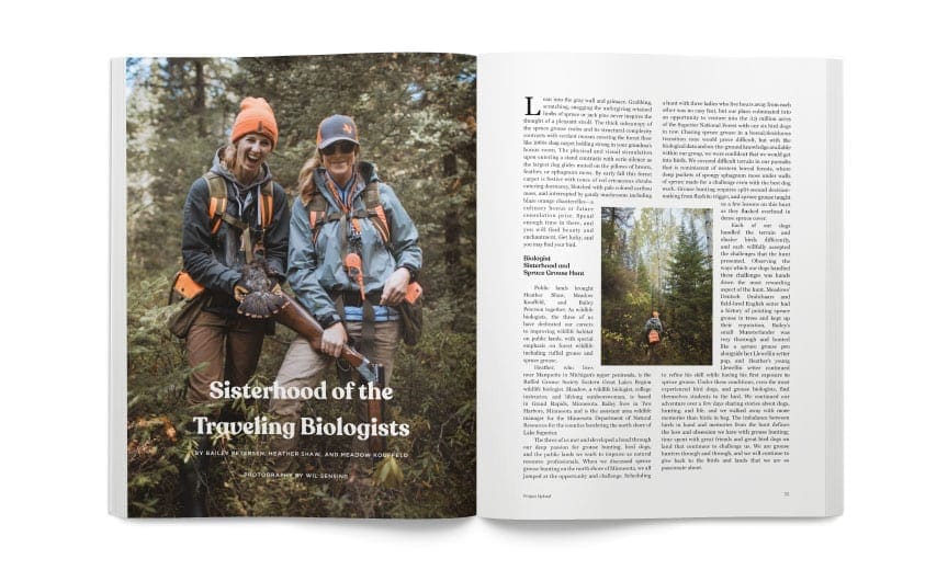 Wildlife biologists Heather Shaw and Bailey Petersen on a Spruce grouse hunt