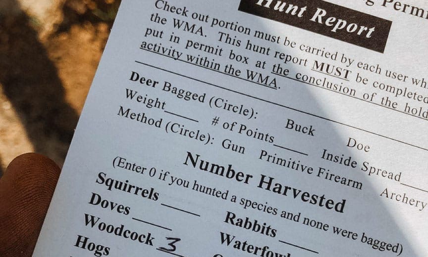 A hunt report card to be filled out on public lands. 