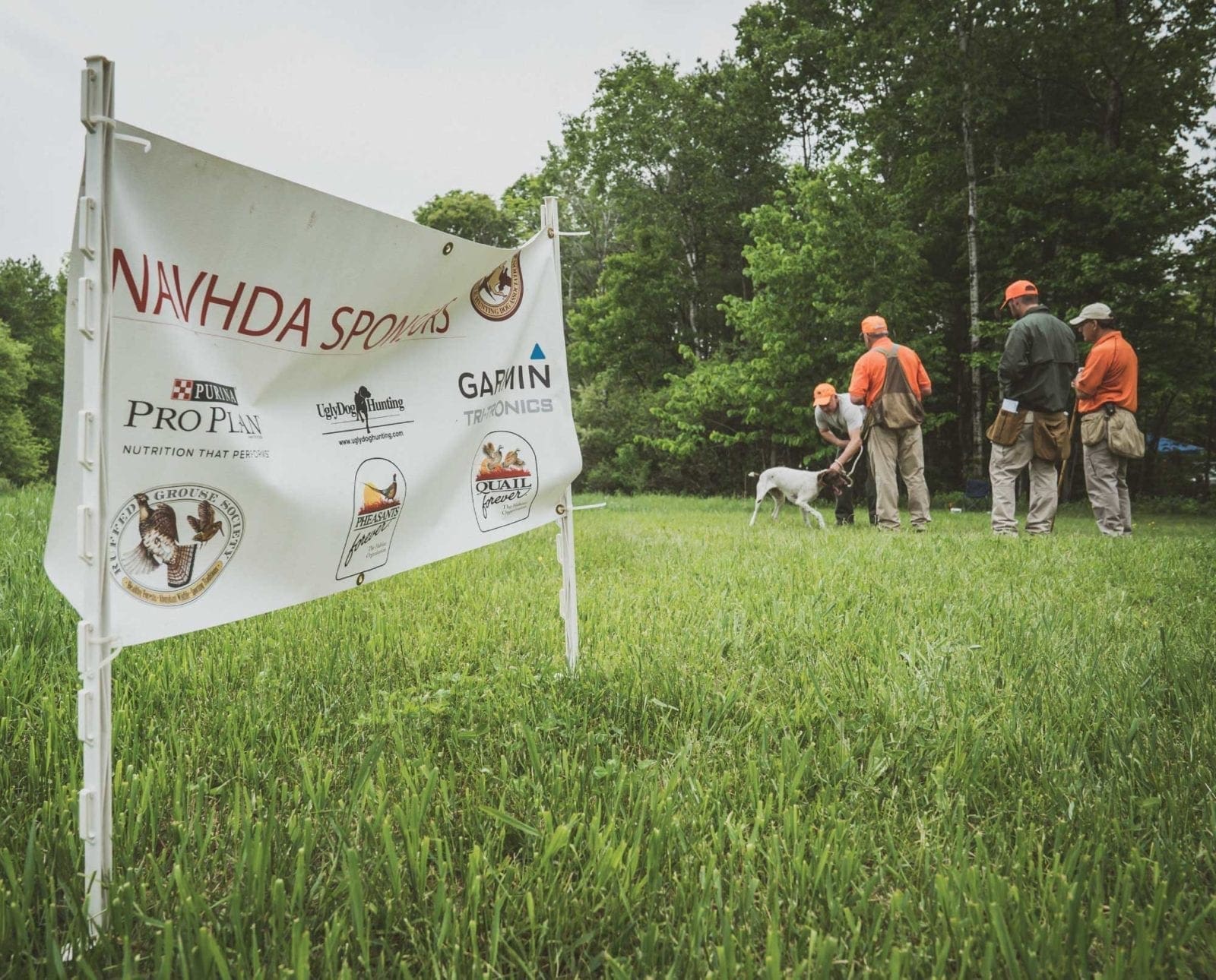 A group of NAVHDA members inspecting a hunting dog.