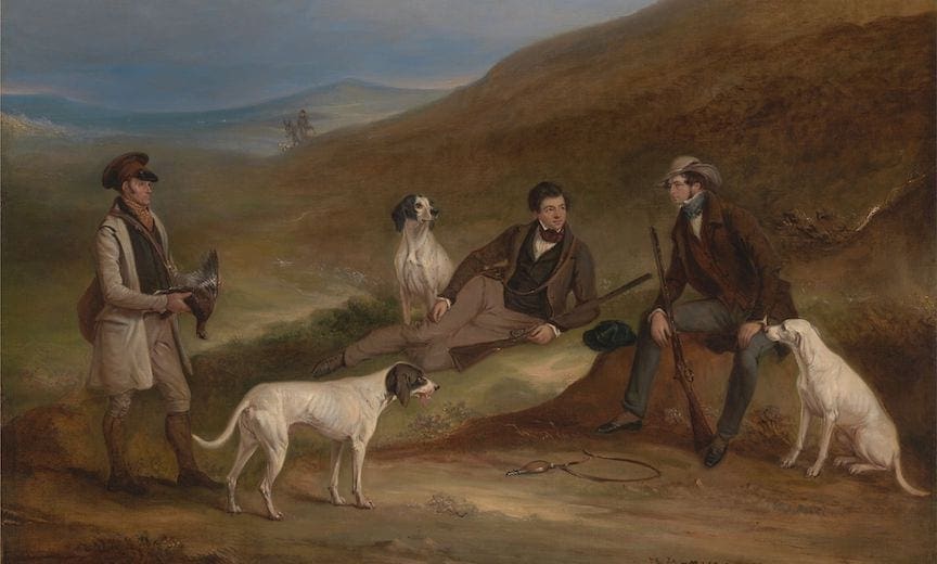 A group of bird hunters sits with their pointing dogs