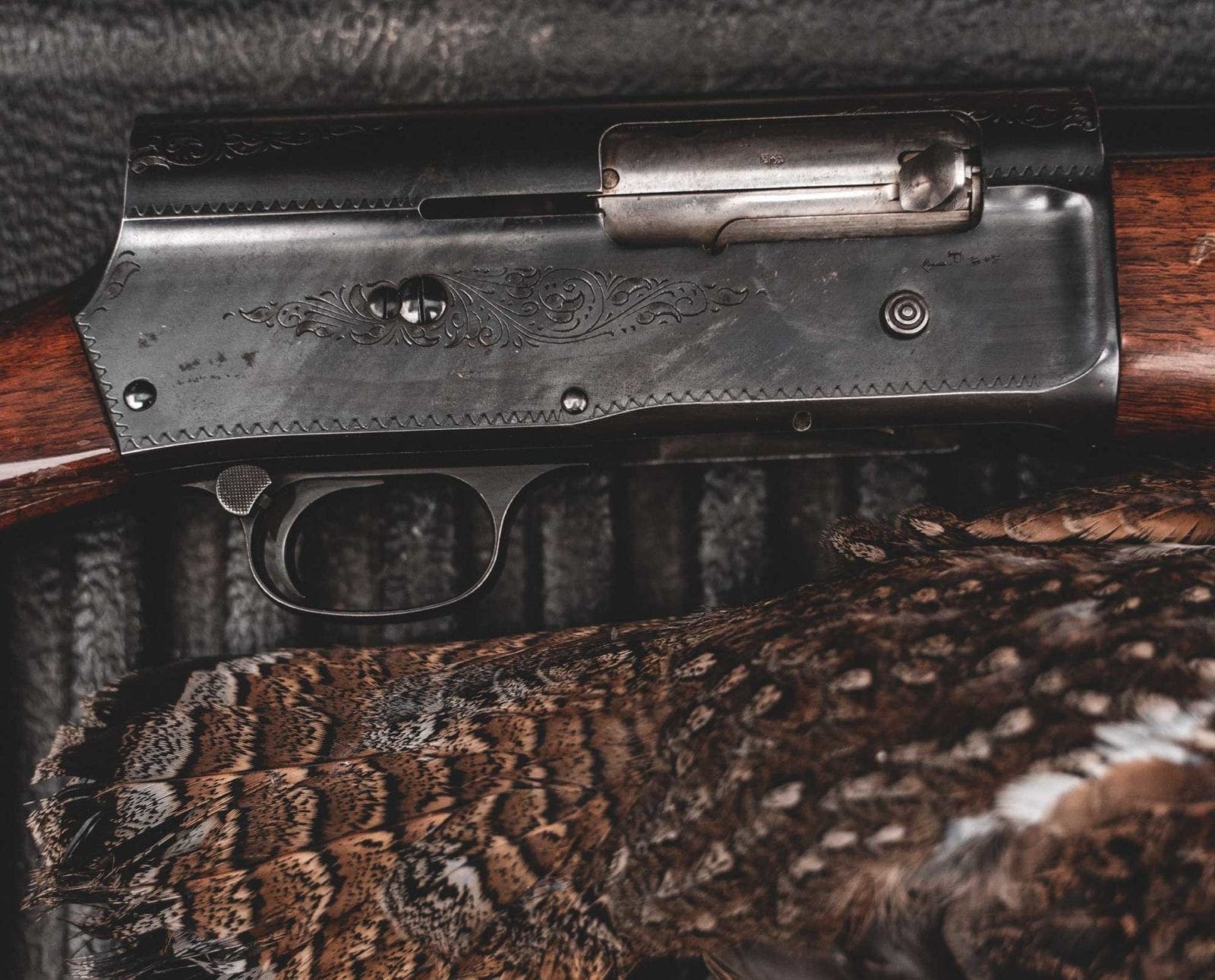 A browning A5 lays on the tailgate of a truck.