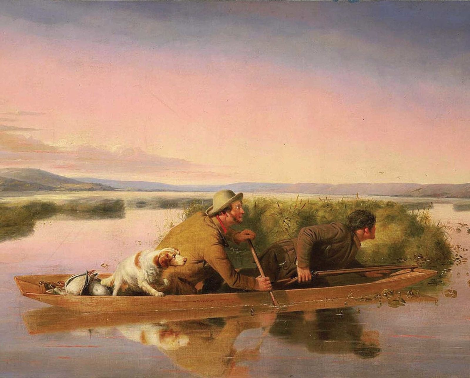 Painting of two duck hunters and a spaniel in a canoe
