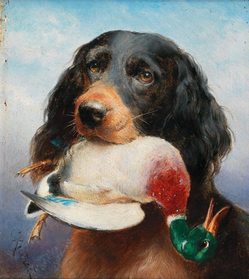 A painting by Carl Reichert of a Gordon Setter duck hunting