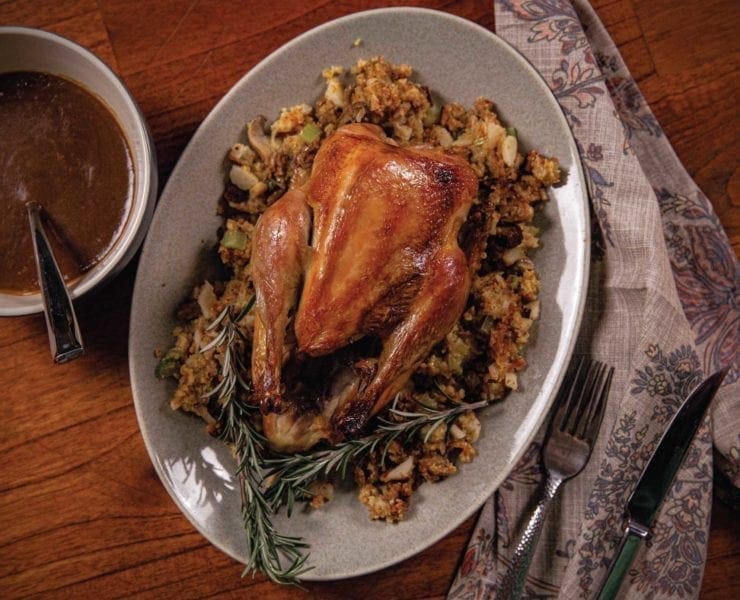 A roasted pheasant with cornbread stuffing and gravy ready to serve for dinner.