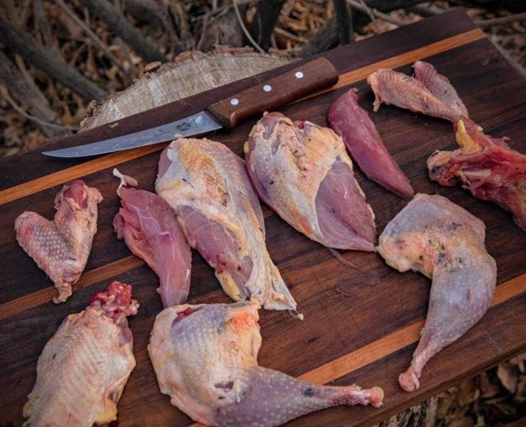Game bird pieces on a cutting board ready for cooking