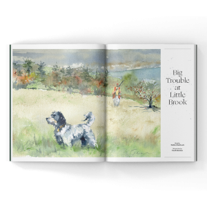 English Setter in watercolor painting in a magazine spread.