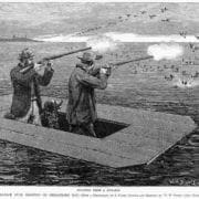 Historic etching of two duck hunters shooting ducks from a sink box