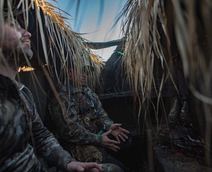 Duck hunters wait in a hunting blind with a black Labrador retriever