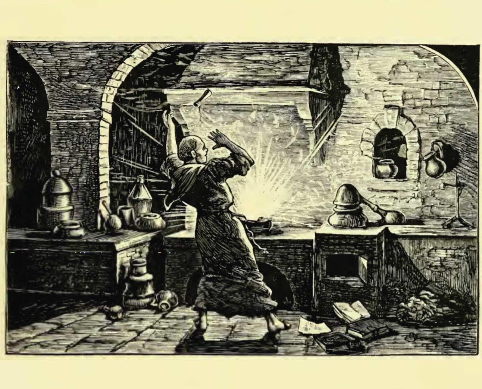 A medieval engraving of an early experiment with gunpowder
