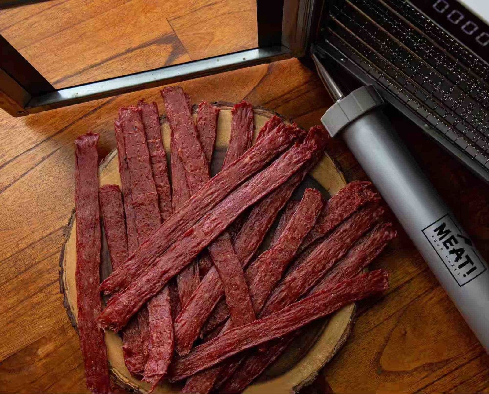 Upland meat sticks on a table after dehydrating