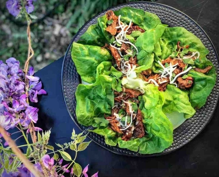Slow cooked shredded rabbit in lettuce wraps on a plate