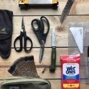Supplies for a bird cleaning kit including knife and shears