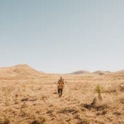 A hunter walks through the Arizonan landscape in search of birds.