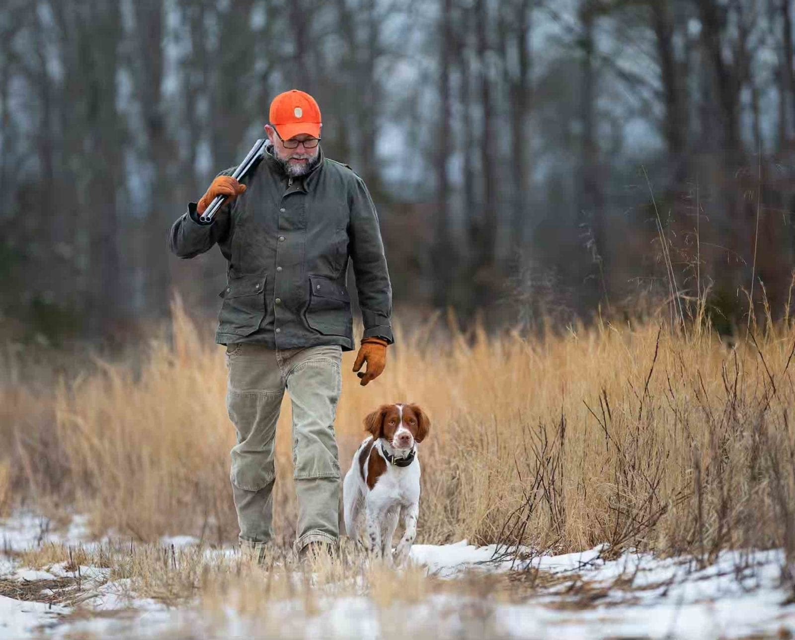 Tom Beckbe Tensaw jacket worn by an upland bird hunter with a Brittany