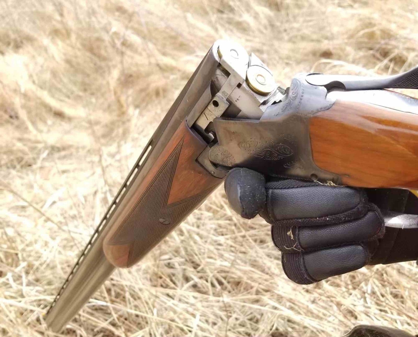 A Browning Superposed over and under shotgun with the action broken open