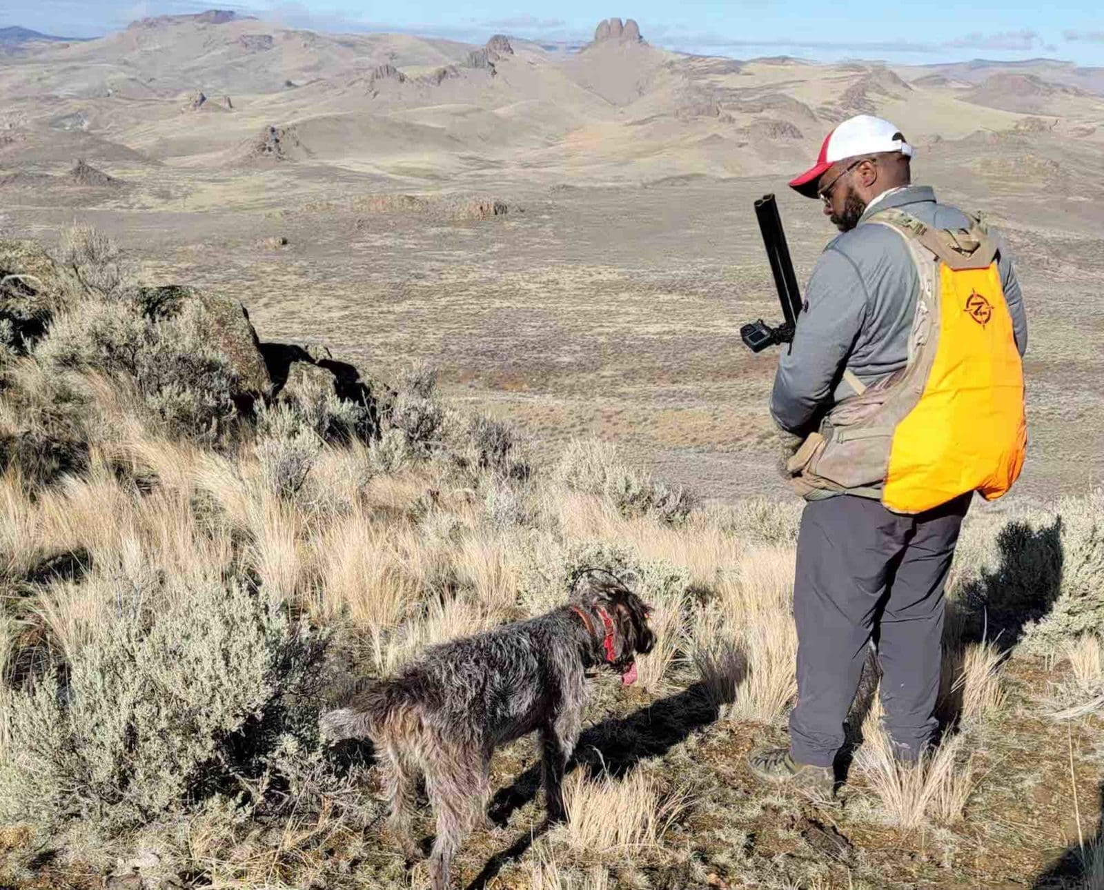 A chukar hunter and his wirehaired pointing griffon bird dog