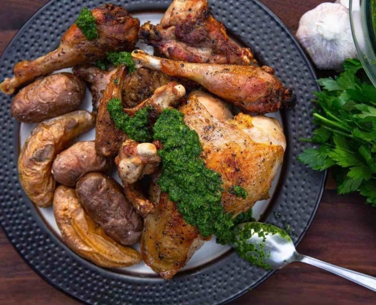Grilled pheasant with smoked jalapeno chimichurri sauce