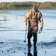 A waterfowl hunter walks out of a marsh.