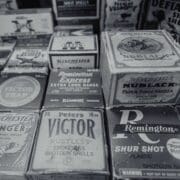 A vintage photo of ammunition in a gun shop