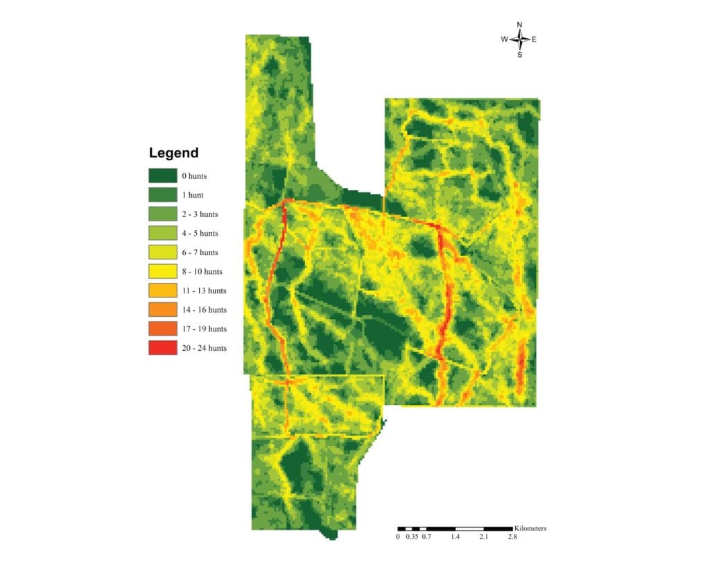 Heat map showing Spatial distribution of 211 quail hunts, recorded during the 2018–2019, 2019–2020, and 2020–2021 hunting seasons in Jim Hogg County, Texas, USA.
