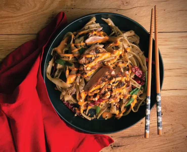 Upland drunken noodles made with pheasant meat