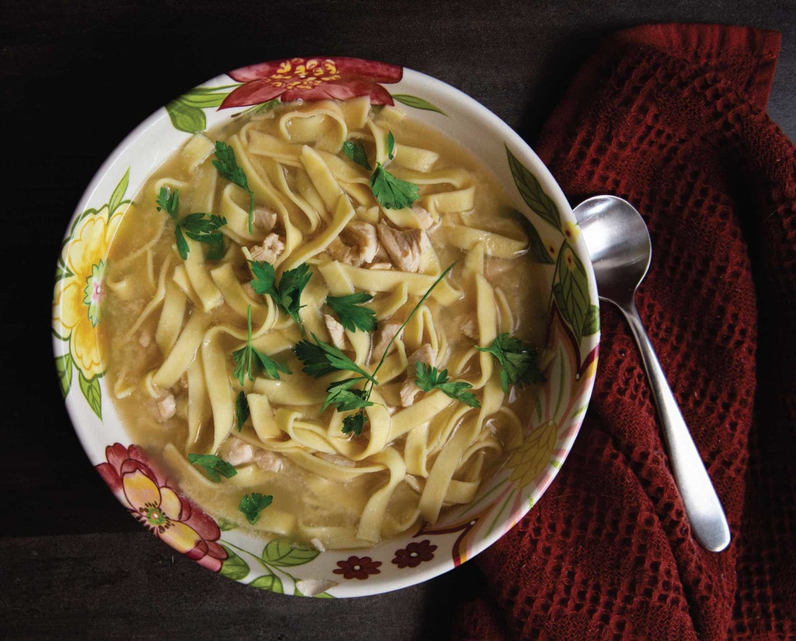Warm Pheasant Noodle soup in a bowl