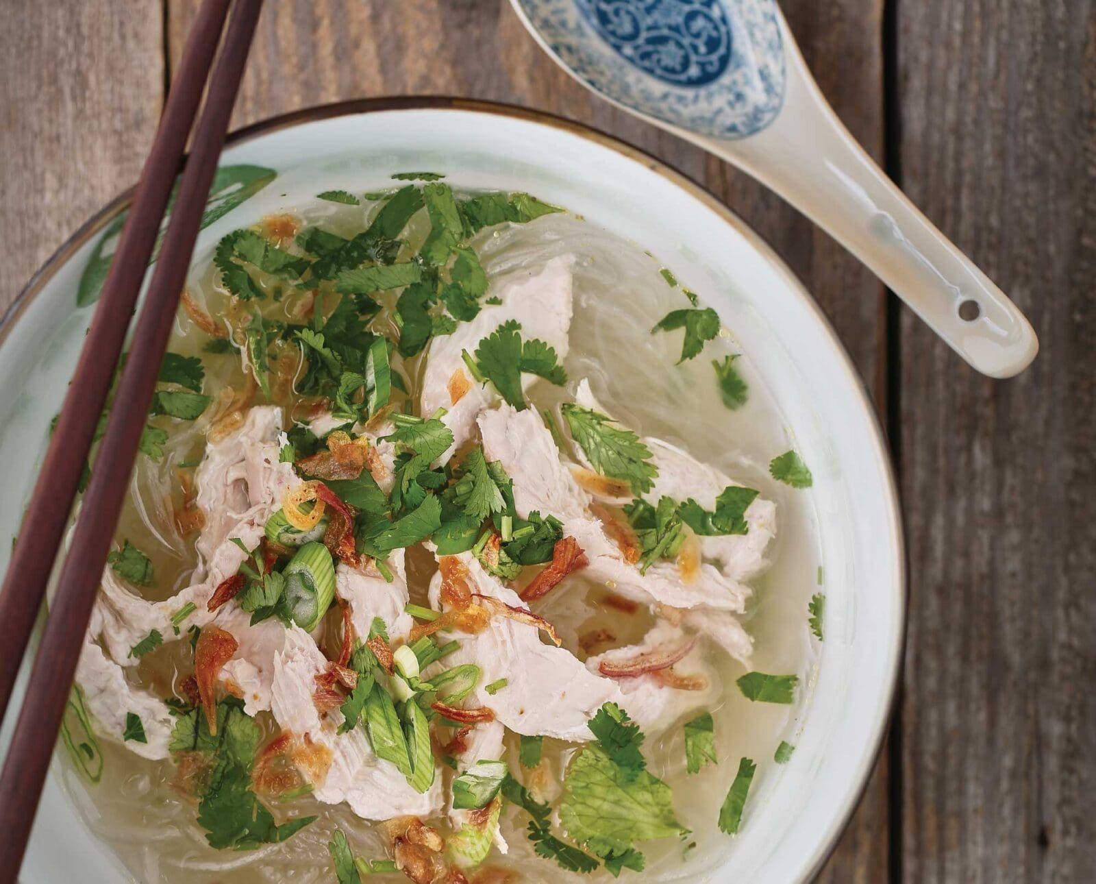 Vietnamese Pheasant Soup with Glass Noodles in a bowl