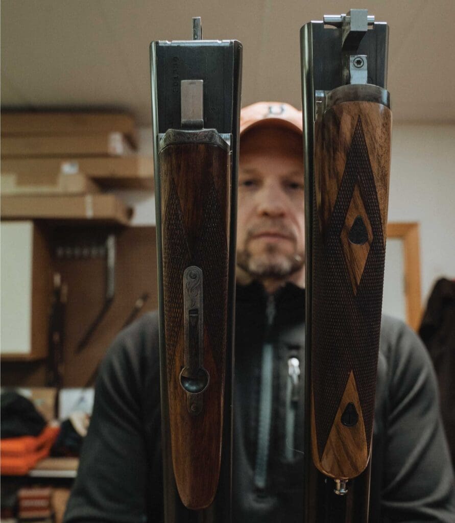 Left: Original 16-gauge A.H. Fox A Grade. Right: New 20-gauge Savage Fox A Grade. Note the shapes and different releases.