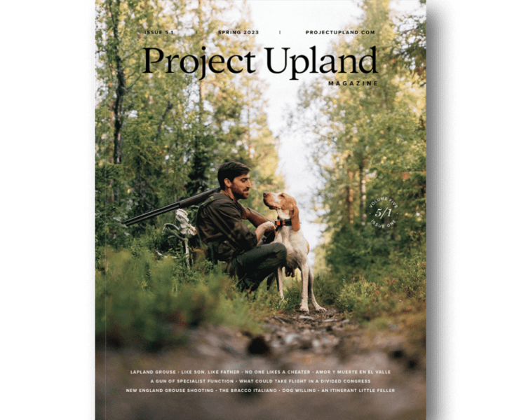Spring 2023 cover of Project Upland magazine featuring a grouse hunt in Sweden