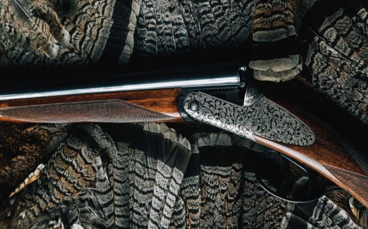 A grouse hunting shotgun with a group of ruffed grouse fans