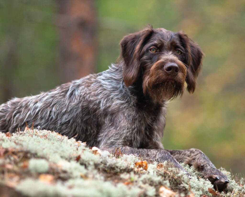 A German Wirehaired Pointer laying down in the woods 