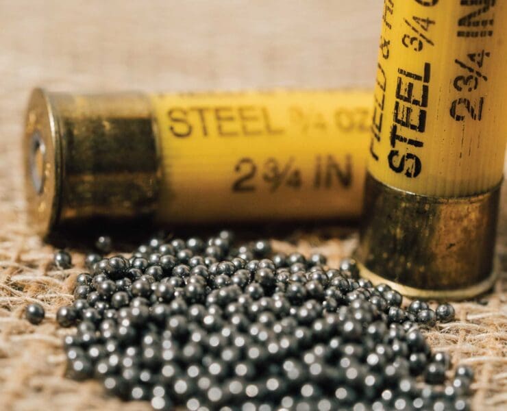 Steel shot cartridges with steel shot pellets