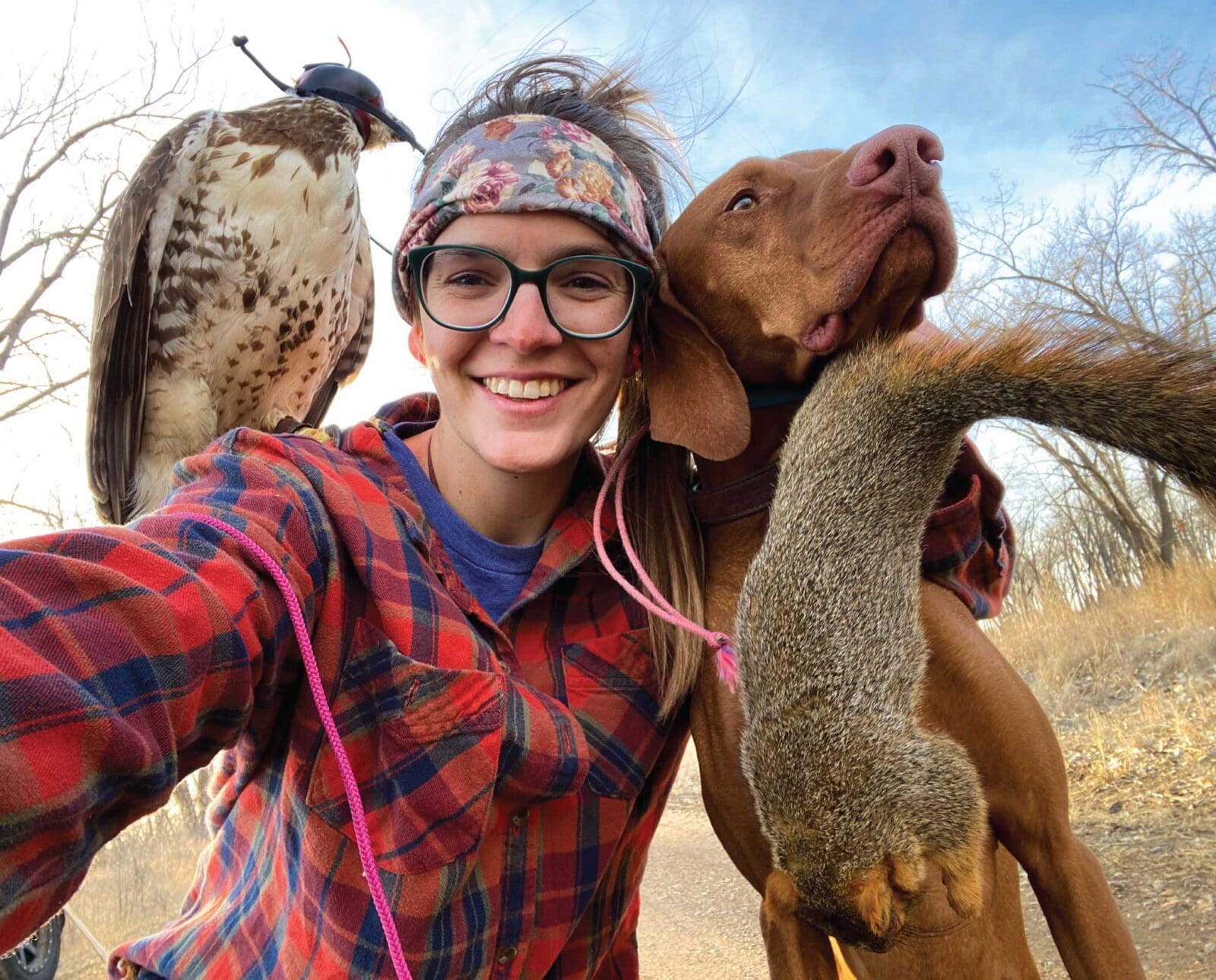 A new falconer with bird dog and red tailed hawk
