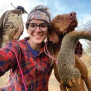 A new falconer with bird dog and red tailed hawk
