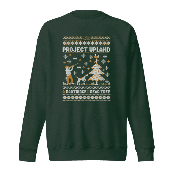 Partridge in a Pear tree holiday sweater design in green.