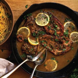 Pheasant Piccata ready to serve from the pan.