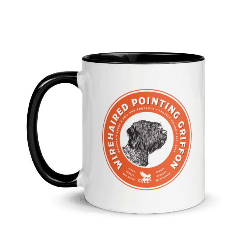 A wirehaired pointing griffon design on an 11oz ceramic mug