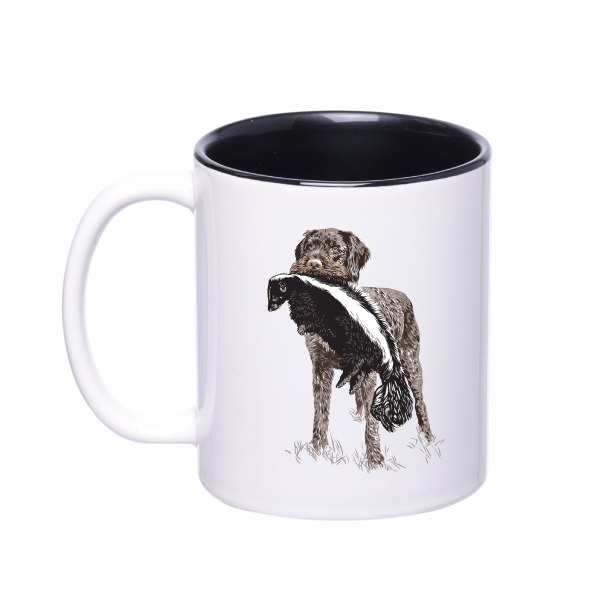A wirehaired dog retrieving a skunk on a coffee mug