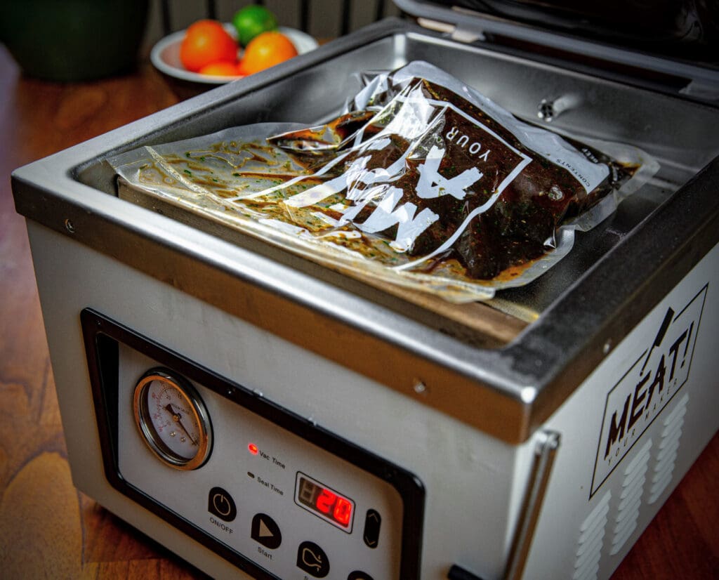 A chamber vacuum sealer for sous vide cooking.