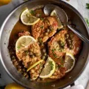 A serving dish of ruffed grouse piccata with lemon and capers
