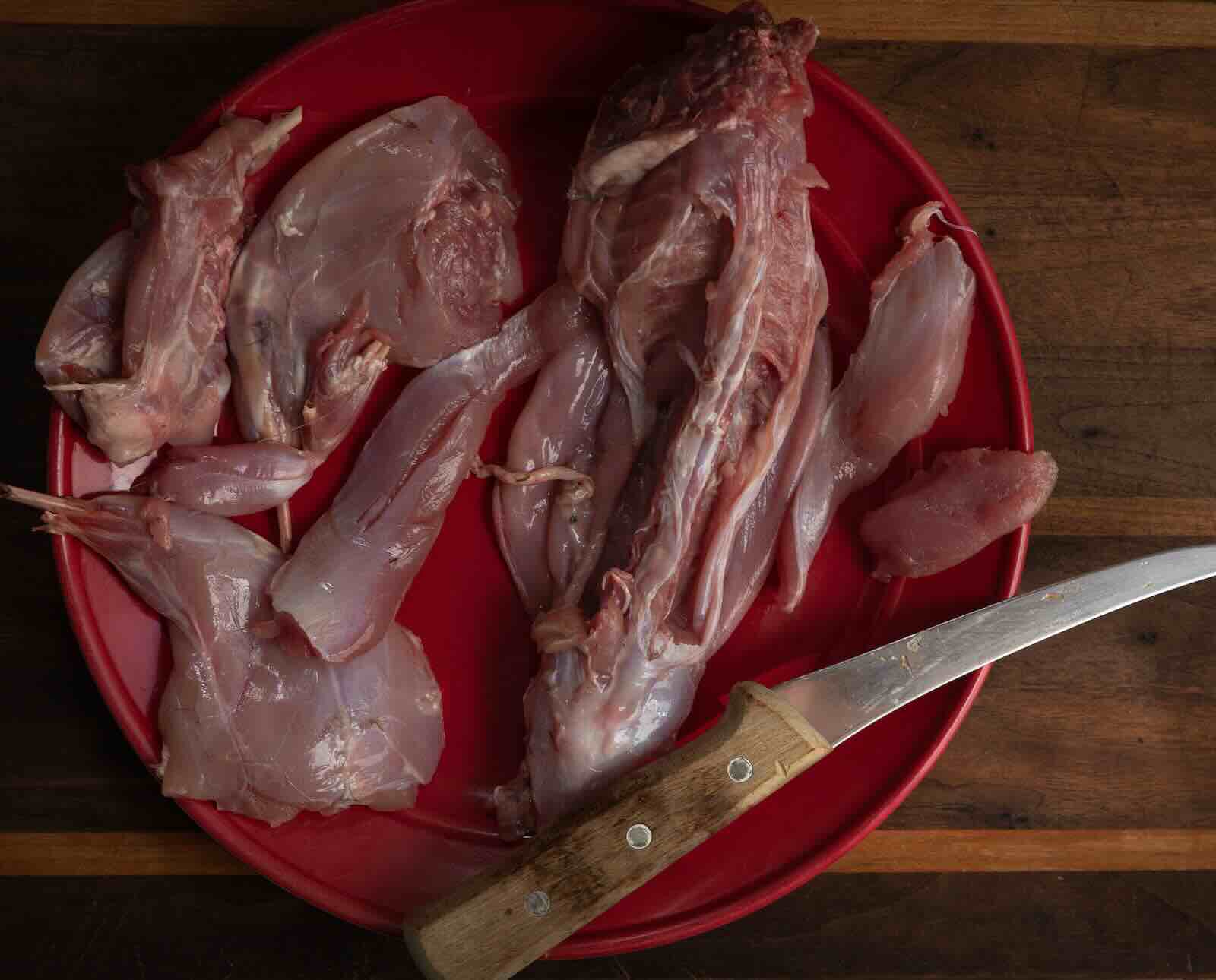 Fresh, raw rabbit meat separated and displayed on a red plate with a carving knife