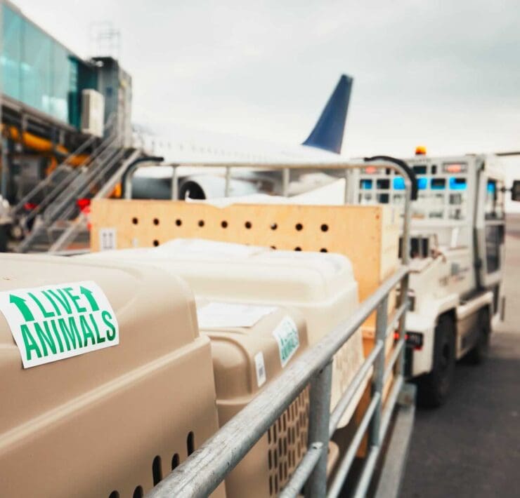 Live animal crates are stacked on a cart to be loaded onto an airplane