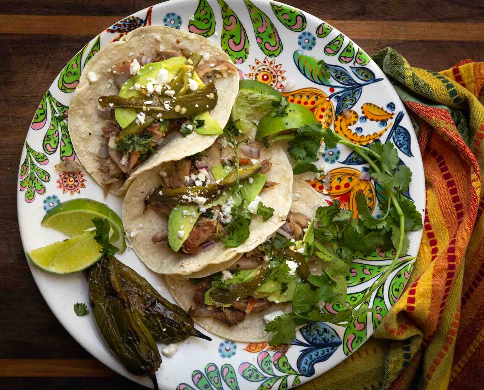 Prepared tacos using cottontail rabbit meat on a colorful plate
