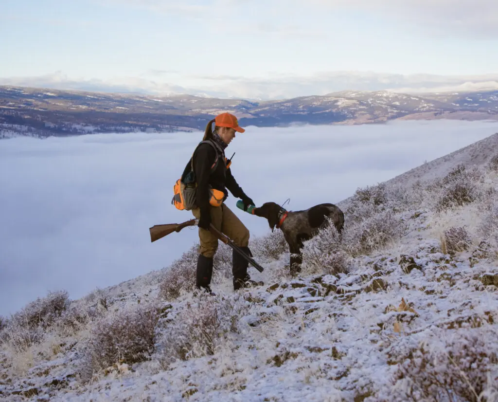 Jennifer Wapenski with one of her bird dogs in the Pacific Northwest hunting chukar. 